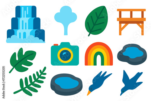 Waterfall Icon Set. Flat vector icons of waterfall scene: cascade tiers, mist plume, rainforest leaf, spotting platform, camera