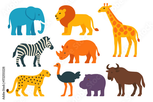 Savannah Animal Icons. Flat vector icons of savannah animals: elephant, lion, giraffe, zebra, rhinoceros, hippopotamus, cheetah,