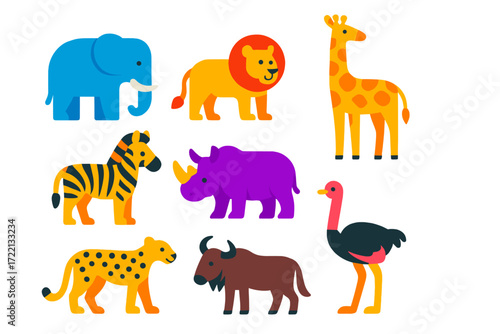 Savannah Animal Icons. Flat vector icons of savannah animals: elephant, lion, giraffe, zebra, rhinoceros, hippopotamus, cheetah,