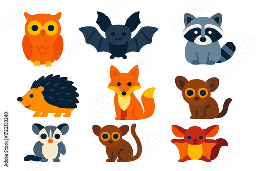 Nocturnal Animal Icons. Flat vector icons of nocturnal animals: owl, bat, raccoon, hedgehog, fox, possum, sugar glider, bushbaby,