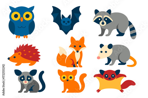 Nocturnal Animal Icons. Flat vector icons of nocturnal animals: owl, bat, raccoon, hedgehog, fox, possum, sugar glider, bushbaby,