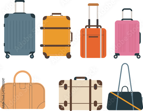Travel luggage vector illustration with modern rolling suitcases, vintage trunks, duffel bags, tourism and vacation accessories, holiday trip essentials, journey and travel design