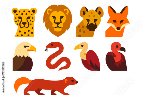 Grassland Predator Icons. Flat vector icons of grassland predators: cheetah, lion, hyena, jackal, fox, eagle, snake, vulture,