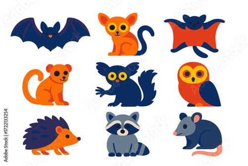 Nocturnal Mammal Icons. Flat vector icons of nocturnal mammals: bat, bushbaby, flying squirrel, kinkajou, aye-aye, tawny owl,