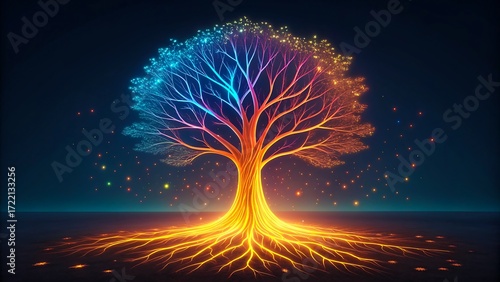 Glowing fantasy tree of life with colorful branches and roots on dark magical background

