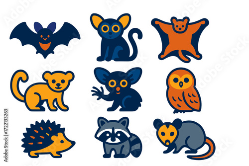 Nocturnal Mammal Icons. Flat vector icons of nocturnal mammals: bat, bushbaby, flying squirrel, kinkajou, aye-aye, tawny owl,