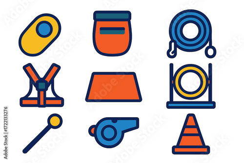 Pet Training Icons. Flat vector icons of pet training gear: clicker, treat pouch, leash, harness, training mat, agility hoop,