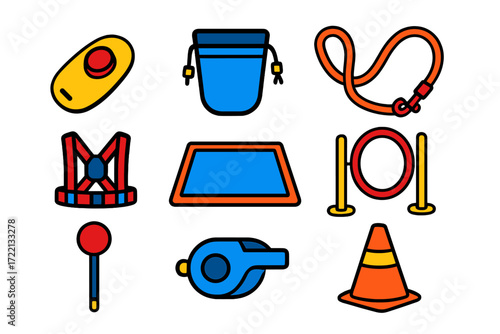 Pet Training Icons. Flat vector icons of pet training gear: clicker, treat pouch, leash, harness, training mat, agility hoop,