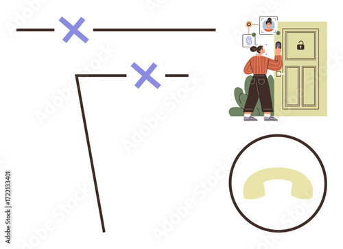 Woman interacting with a smart doorbell camera near a locked door. Large phone receiver and security icons. Ideal for technology, safety, communication, convenience, modern home, privacy, simple flat