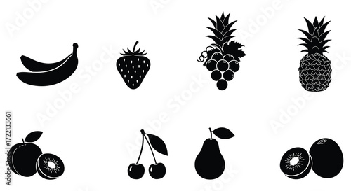 Black and white illustration featuring several different types of fruit