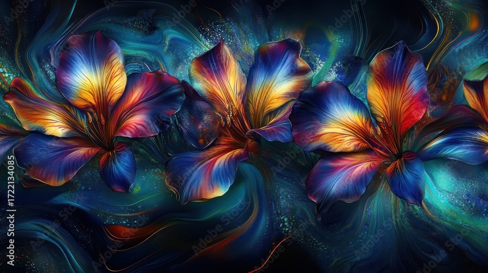 Fototapeta premium Stylized floral illustration deep blues and rich golds abstract background