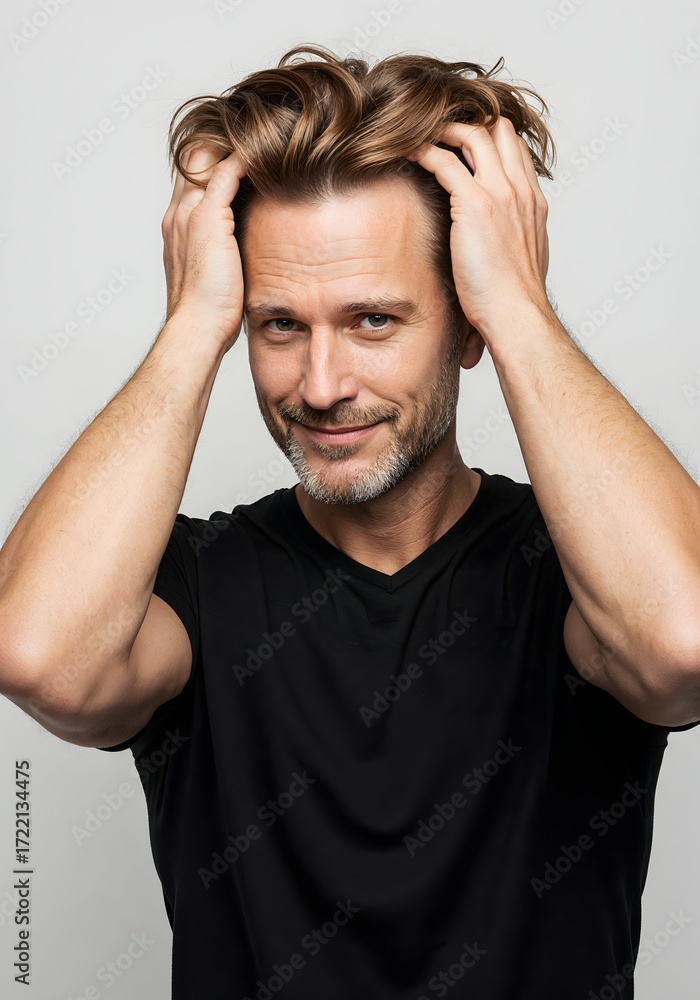 Fototapeta premium High-resolution photorealistic studio image of a man after successful hair transplant, self-assessing his natural full hairline with confidence on clean white background