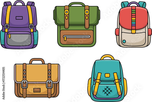 Cartoon backpack set, satchel styles, colorful school bags, flap covers, buckle straps, mesh pockets, kids accessories, vector illustration, fashion gear, travel design