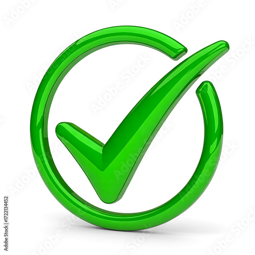 Vibrant green check mark icon with glossy finish confirms success, approval, or a task completed, perfect for website design, user interface, or indicating positive results and validation