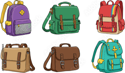 Cartoon backpack and satchel set, colorful school bags, flap covers, buckle straps, kids accessories, vector illustration, fashion gear, travel design, student pack