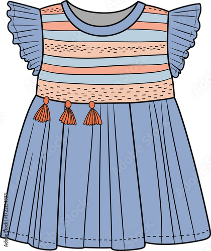 Children’s dress vector illustration, striped bodice, ruffled sleeves, pleated skirt, peach and blue, tassel detail, cartoon style, fashion design