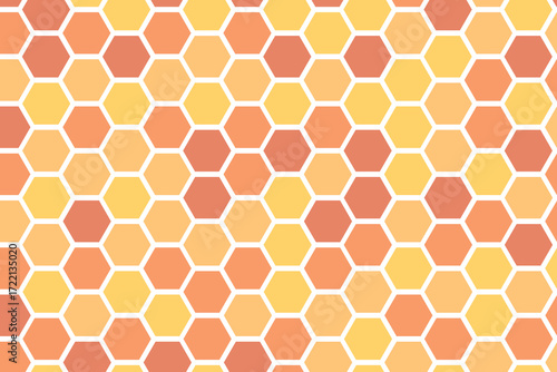 Hexagon pattern with honeycomb, cartoon bees. Vector illustration, geometric texture. Design template for invitation, card. Doodle style. Background with copy space.