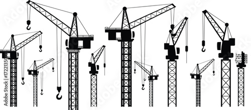 Construction crane vector illustration, silhouette style, multiple tower cranes, industrial equipment, lattice structure, black and white, cartoon style, engineering concept