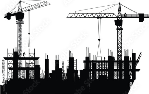 Construction site vector illustration, tower cranes lifting materials, building framework, scaffolding, workers, urban development, black and white, cartoon style, industrial scene