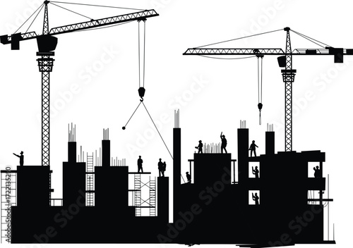 Construction site vector illustration, tower cranes lifting materials, workers building structure, scaffolding, multi-story development, black and white, cartoon style, industrial scene