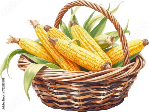 Basket with corn cobs watercolour vector illustration.