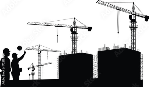 Construction site vector illustration, tower cranes, building silhouette, engineers, scaffolding, urban development, black and white, cartoon style, industrial design