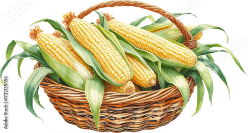 Basket with corn cobs watercolour vector illustration.