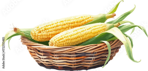 Basket with corn cobs watercolour vector illustration.