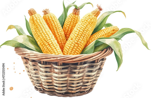 Basket with corn cobs watercolour vector illustration.