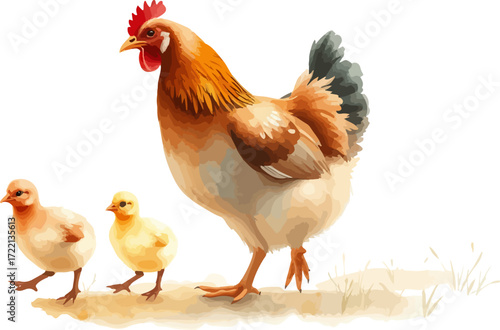 Watercolor vector illustration a hen with chickens.