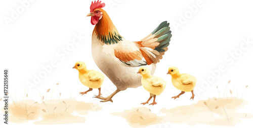Watercolor vector illustration a hen with chickens.