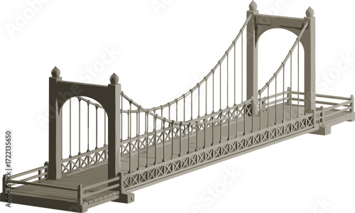 Suspension bridge vector illustration, 3D architectural design, ornate towers, support cables, lattice railing, pedestrian structure, cartoon style, infrastructure concept