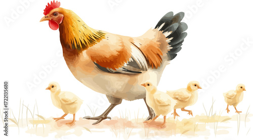 Watercolor vector illustration a hen with chickens.