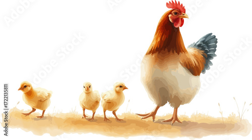 Watercolor vector illustration a hen with chickens.
