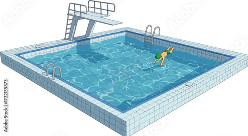 Swimming pool vector illustration, person diving, clear blue water, tiled edge, ladders, diving platform, outdoor recreation, cartoon style, summer activity
