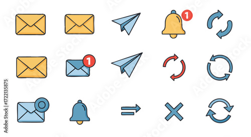 Collection of essential communication and notification icons representing email, messages, alerts, and refresh actions