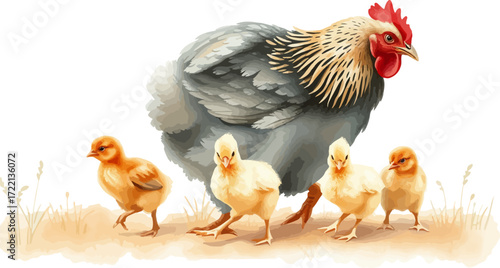 Watercolor vector illustration a hen with chickens.