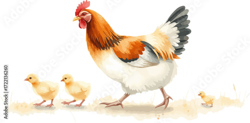 Watercolor vector illustration a hen with chickens.
