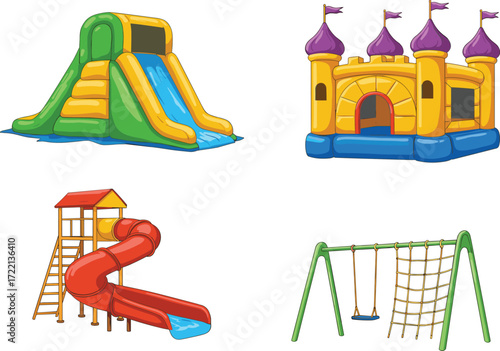 Playground equipment vector, inflatable slide, bounce house, swing set, spiral slide, colorful amusement structures, children play area, cartoon style design