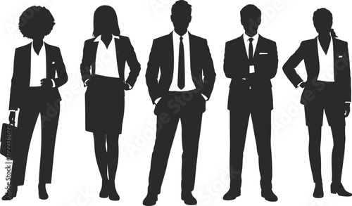 Business people silhouette, professional attire vector, corporate team illustration, confident posture, workplace diversity, black and white art, office concept