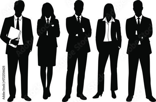 Business team silhouette, professional attire vector, corporate group illustration, confident posture, workplace diversity, office staff, black and white art