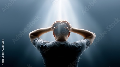 Man holding head under dramatic rays of light symbolizing stress depression psychological crisis despair hopelessness and mental health struggle, Generative AI