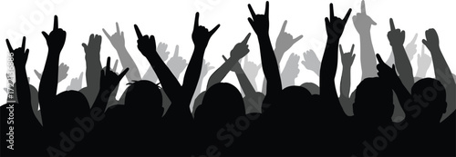 Rock concert crowd, raised hands silhouette, music festival vector, cheering people, black and white art, energy, unity, live performance scene