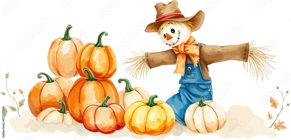 Naklejka premium Watercolor vector illustration of a scarecrow.