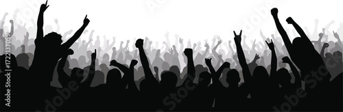 Silhouette crowd illustration, raised arms vector, peace and fist gestures, concert energy, public event scene, unity, excitement, black and white art