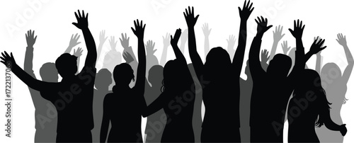 Silhouette crowd illustration, raised hands vector, energetic people, concert celebration, unity and excitement, black and white art, social gathering scene