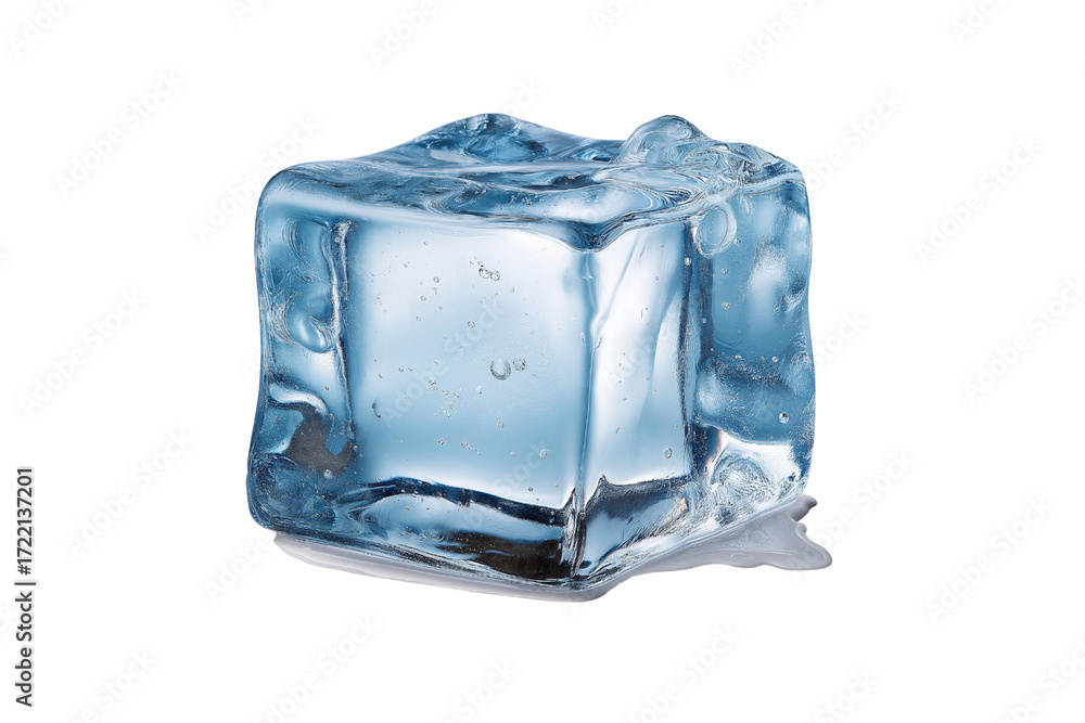 Obraz premium Melting Ice Cube with Bubbles and Water Droplets frozen isolated on a transparent background