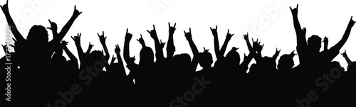 Concert crowd silhouette, raised hands vector, rock gesture illustration, music event energy, live performance audience, entertainment scene, black and white art
