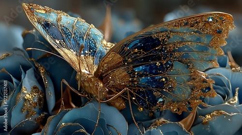 Blue rose with golden butterfly high resolution picture