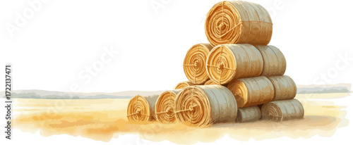 Watercolor vector illustration a haystack in a field.